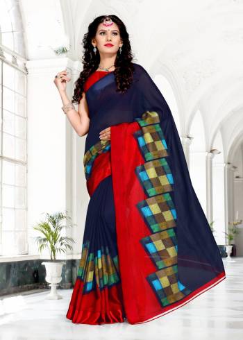 For A Bold And Beautiful Personality, Grab This Saree In Navy Blue Color Paired With Contrasting Red Colored Blouse. This Saree And Blouse Are Fabricated On Chanderi Cotton. Its Fabric Ensures Superb Comfort All Day Long.