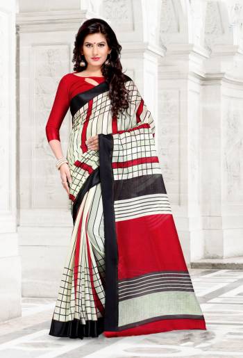 Simple And Elegant Looking Saree Is Here In White Color Paired With Red Colored Blouse. This Saree And Blouse Are Fabricated On Chanderi Cotton Beautified With Checks Prints All Over It. It Is Light Weight, Easy To Drape And Carry All Day Long.