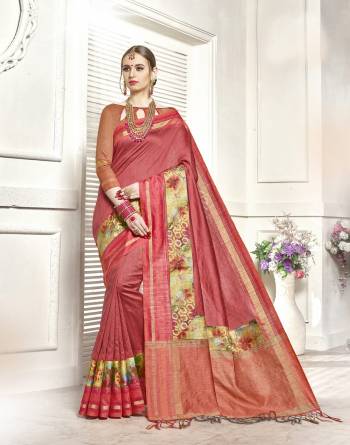 Adorn The Angelic Look With This Unique Combination In Red Colored Saree Paired With Contrasting Light Brown Colored Blouse. This Saree And Blouse Are Fabricated On Art Silk. It Durable And Easy To Care For.