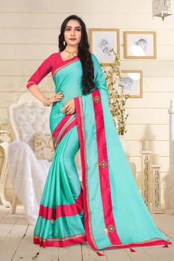 Add This Designer Saree To Your Wardrobe In Aqua Blue Color Paired With Dark Pink Colored Blose. This Saree Is Fabricated On Satin Silk Paired With Art Silk Fabricated Blouse. It Is Light Weight And Easy To Carry All Day Long. 