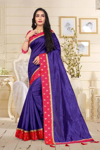 Bright And Visually Appealing Color Is Here With This Saree In Violet Color Paired With Contrasting Dark Pink Colored Blouse. This Saree Is Fabricated On Art Silk Paired With Jacuquard Silk Fabricated Blouse Beautified With Lace Border. Buy Now.