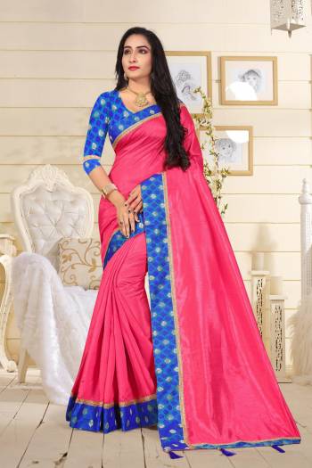 Celebrate This Festive Season Wearing This Saree In Dark Pink Color Paired With Contrasting Blue Colored Blouse. This Saree Is Fabricated On Art Silk Paired With Jacquard Silk Fabricated Blouse.  Buy This Pretty Attractive Saree Now.