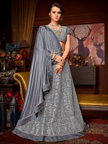 You can this amazing saree and look pretty like never before. wearing this grey color Imported coated fabrics & diamond Net fabrics with Heavy work & jacquard border saree. this gorgeous saree featuring a beautiful mix of designs. look gorgeous at an upcoming any occasion wearing the saree. Its attractive color and designer embroidered saree, moti line border, stone, heavy designer blouse and beautiful floral design work over the attire & contrast hemline adds to the look. Comes along with a contrast unstitched blouse.