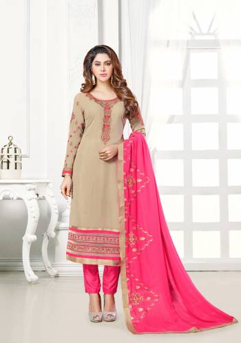 Pale Khaki Color Georgette Fabric  Suit comes with Pink Color Santoon Fabric Bottom And  Beautifull Border Work Nazneen Dupatta. The Suit Which Can be stitched up to Size 42. Pair it with High Heels and Look Effortlessly Chic And Fashionable.This Suit Will Give You A Beautiful Look Like Never Before. Buy It Now.