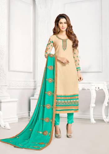 Grab This Pretty Salwar Kameez In Cream Color  Paired With  Sea GreenColored Bottom And  Light Teal Blue Colored Dupatta. Its Top Are Fabricated On Tussar Silk Paired With Santoon Bottom And  Chiffon Dupatta.This Lovely  Suit Just For You.Buy This Amazing Suit Now.