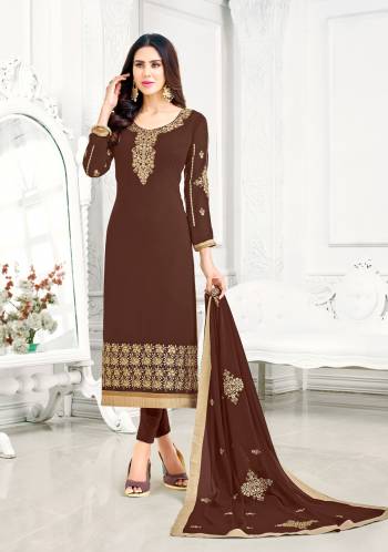 Most Demanding Color Of The Season Is Here. Grab This Brown Colored Semi Stiched Suit Paired With Brown Colored Bottom And Brown Color Dupatta.Get This Suits Stitched As Per Your Desired Fit And Comfort. Buy It Now.