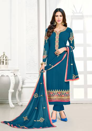 Get This Semi Stitched Suit  As Per Your Desired Fit And Comfort In Steel Blue Colored Top Paired With Steel Blue Colored Bottom And   Dupatta. Its Top Is Fabricated On Georgette Paired With Santoon Bottom And Nazneen Dupatta. Its Is Light Weight And Easy To Carry All Day Long.Buy It Now. 