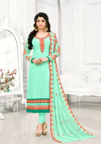 Light Spring Green Color Georgette Fabric  Suit comes with Light Spring Green Color Santoon Fabric Bottom And  Beautifull Border Work Nazneen Dupatta. The Suit Which Can be stitched up to Size 42. Pair it with High Heels and Look Effortlessly Chic And Fashionable.This Suit Will Give You A Beautiful Look Like Never Before. Buy It Now.