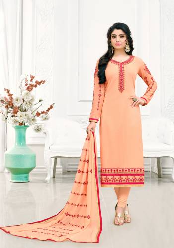 Look Pretty Wearing This Suit In Light Orange Color Paired With Light Orange Colored Bottom And Dupatta. This Suit l Is Fabricated On Georgette Paired With Santoon  Bottom And Nazneen  Dupatta.Get This Stitched As Per Your Desired Fit And Comfort.Buy This Amazing Suit Now.