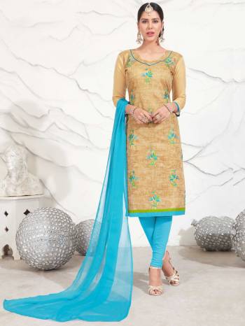 If Those Readymade Suit Does Not Lend You The Desired Comfort Than Grab This Beige Colored Dress Material Paired With Blue Colored Bottom And Dupatta. Its Top Is Fabricated On Chanderi Cotton Paired With Cotton Bottom And Chiffon Dupatta. Get This Stitched As Per Your Desired Fit And Comfort.