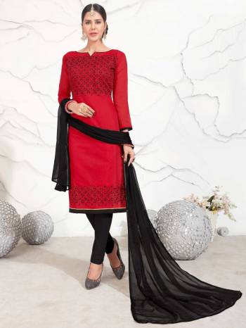 A Perfect Suit For Your Casualw Wear Is Here Red Colored Top Paired With Black Colored Bottom And Dupatta. Its Top Is Fabricated On Chanderi Cotton Paired With Cotton Bottom And Chiffon Dupatta. This Dress Material Ensures Superb Comfort All Day Long.