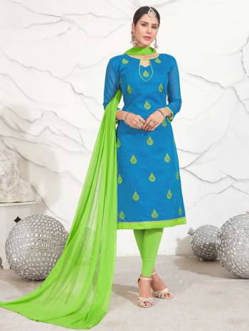 For Your Casual Wear Here Is A Dress Material In Blue Color Paired With Contrasting Green Colored Bottom And Dupatta. Its Top Is Fabricated On Chanderi Cotton Paired With Cotton Bottom And Chiffon Dupatta. Get This Stitched As Per Your Desired Fit And Comfort.