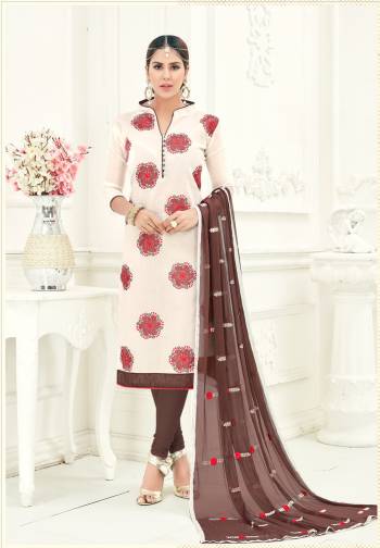 This Simple And Lovely Off White And Brown Colored Embroidery Chanderi Suit Is A Must For The Upcoming Casual Season. It?S An Ensemble That Is Simply Necessary For The Day To Day. Buy These Amazing Suit Collection Now.