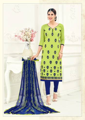 This Suit Is Quite Comfortable To Wear, The Subtle Pattern Make This Suit Look Even More Beautiful. This Suit Has A Navu Blue Colored Embroidery Pattern On The Suits.The Light Green Colored Top Is Fabricated In Chanderi, While The Bottom Is Made Of Cotton Fabric. The Chiffon Fabric Dupatta. This Lovely Suit For Your Stylish Lady.