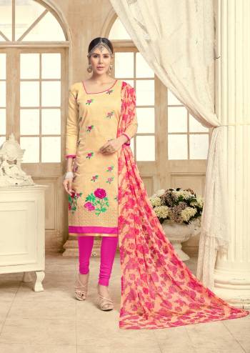 Bright and colourful, this Beige And Pink coloured dress material  Made from Chanderi. Featuring an eye-catching Suits, this dress material can also be gifted to your sister.