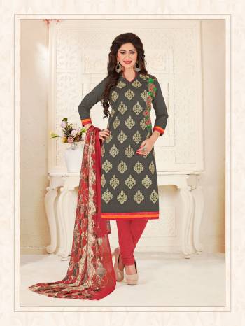 Flaunt Your Bold Side With This Grey Colored Suit Paired With Red  Colored Bottom And Red And Beige Colred Dupatta. Its Top Are Fabricated On Chanderi Cotton And Bottom Are Fabricated On Cotton  Paired With Chiffon Dupatta. This Dress Material Is Soft Towards Skin And Easy To Carry All Day Long. Buy Now.