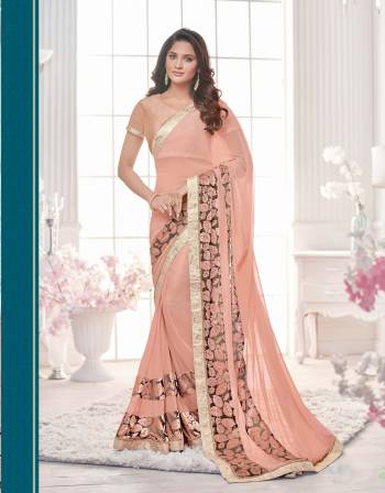 New And Unique, Add This Peach Colored Saree Paired With Peach Colored Blouse. This Saree Is Fabricated On Lycra Paired With Raw Silk Fabricated Blouse. It Is Soft Towards Skin And Easy To Carry All Day Long.