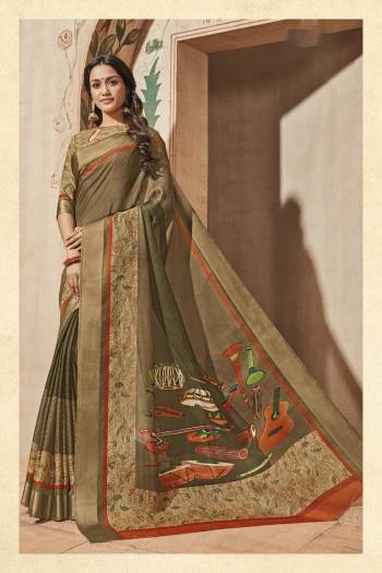 Grab This Pretty Simple And Casual Saree In Light Brown Color Paired With Beige Colored Blouse. This Saree And Blouse are Fabricated On Art Silk Beautified With Prints Of Musical Intruments Over The Pallu Of Saree.