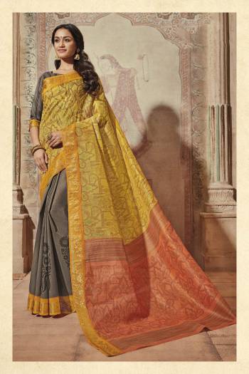 New and Beautiful Combination Is Here  With This Yellow And Grey Colored Saree Paired With Grey Colored Blouse. This Saree And Blouse Are Fabricated On Art Silk Beautified With Prints All Over It. Buy This Saree Now.