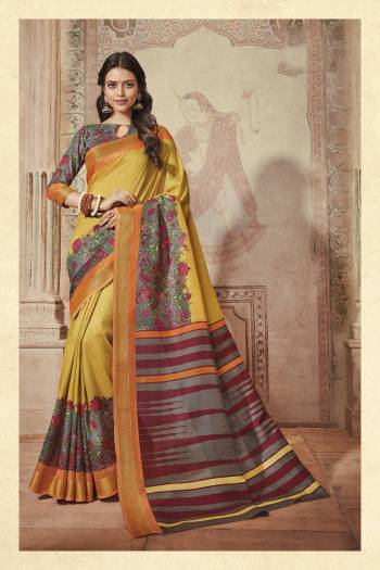 New and Beautiful Combination Is Here  With This Yellow And Grey Colored Saree Paired With Grey Colored Blouse. This Saree And Blouse Are Fabricated On Art Silk Beautified With Floral Multi Colored Prints All Over It. Buy This Saree Now.