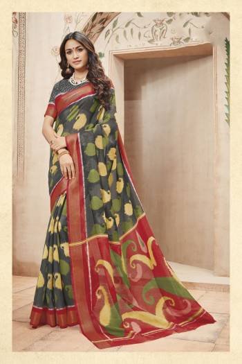 Be It Your Casual Or Semi-Casual wear, Grab This Saree In Dark Grey Color Paired With Dark Grey Colored Blouse. This Saree And Blouse Are Fabricated On Art Silk Beautified With Colorful Prints Over It. Buy Now.