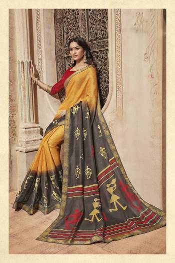 New and Beautiful Combination Is Here  With This Yellow And Dark Grey Colored Saree Paired With Red Colored Blouse. This Saree And Blouse Are Fabricated On Art Silk Beautified With Floral Multi Colored Prints All Over It. Buy This Saree Now.