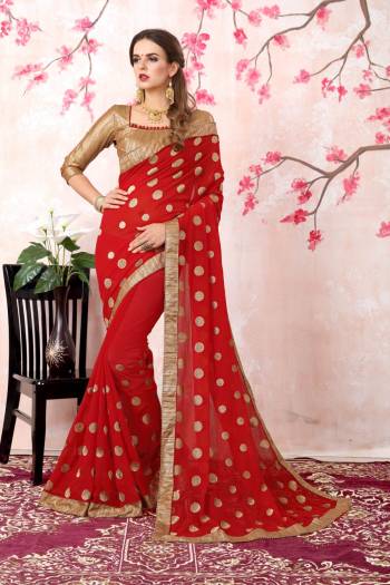 Adorn The Pretty Angelic Look Wearing This Saree In Red Color Paired With Golden Colored Blouse. This Saree Is Fabricated On Georgette Paired With Brocade Fabricated Blouse. Its Fabrics Ensures Superb Comfort All Day Long.