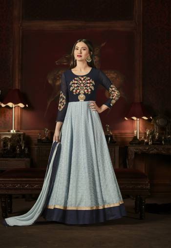 Go With This Shades Of Blue This Summer With This Designer Floor Length Suit In Steel Blue And Navy Blue Color Paired With Steel Blue Colored Bottom And Dupatta. Its Top Is Fabricated On Georgette Paired With Santoon Bottom And Chiffon Dupatta. Buy This Pretty Suit Now.