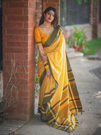 This Summer Look Beightest Of All Wearing This Bright Colored Saree In Yellow Paired With Yellow Colored Blouse. This Saree And Blouse Are Fabricated On Slub Cotton Which Is Easy To Drape, Light Weight And Durable. Buy It Now.