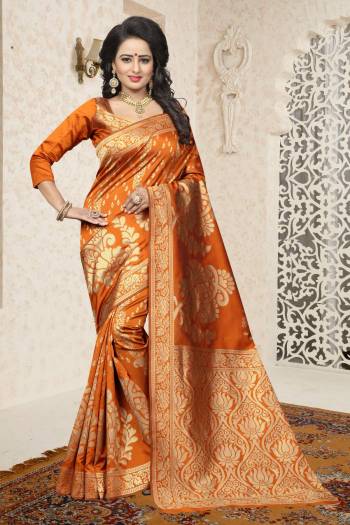 Orange Color Induces Perfect Summery Appeal To Any Outfit, So Grab This Saree In Orange Color Paired With Orange Colored Blouse. This Saree And Blouse Are Fabricated On Banarasi art Silk Beautified With Rapier Jacquard Work All Over It. 