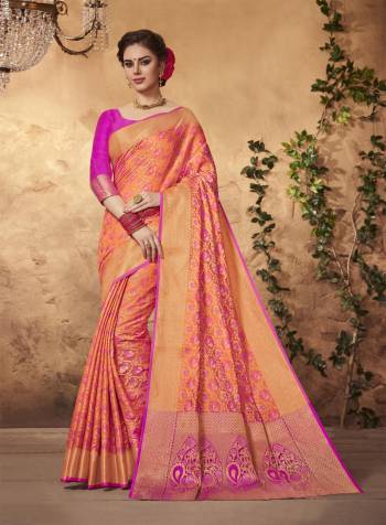 Shine Bright Wearing This Saree In Orange Color Paired With Contrasting Pink Colored Blouse. This Saree And Blouse Are Fabricated On Art Silk Beautified With Weave All Over It. Its attractive Color Combination Will earn You Lots Of Compliments From Onlookers.