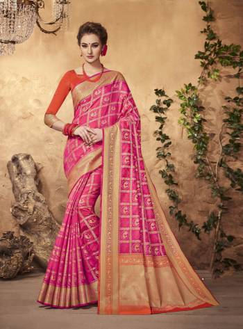 Bright And Visually Appealing Color Is Here With This Saree In Pink Color Paired With Contrasting Orange Colored Blouse. This Saree And Blouse Are Fabricated On Art Silk Beautified With Weave. It Is Light Weight And Easy To Carry All Day Long.