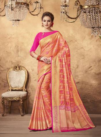 Add This Beautiful Saree To Your Wardrobe In Dark Peach Color Paired With Contrasting Fuschia Pink Colored Blouse. This Saree And Blouse Are Fabricated On Art Silk Beautified With Weave All Over It. Buy This Saree Now.