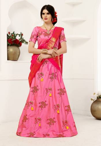 Look Pretty Wearing This Designer Lehenga Choli In Pink Color Paired With Dark Pink Colored Dupatta. Its Blouse And Lehenga Are Fabricated On Soft Silk Paired With Banarasi Art Silk Dupatta. It Is Beautified With Embroidery Over The Lehenga And Choli.