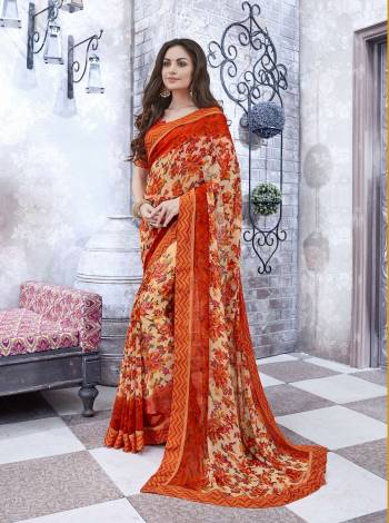 Orange Color Induces Perfect Summery Appeal To Any Outfit, Grab This Casual Saree In Orange and Cream Color Paired With Orange Colored Blouse. This Saree And Blouse Are Fabricated On Georgette Beautified With Floral Prints all Over The Saree. Buy Now.