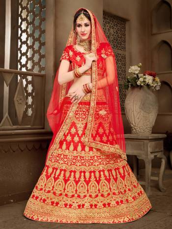 Grab This Beautiful Heavy Designer Lehenga For The Upcoming Wedding Season. This Bright And Appealing Red Colored Lehenga Choli Paired With Red Colored Dupatta Will Make You Earn Lots Of Compliments From Onlookers. Its Blouse And Lehenga Are Fabricated On Art Silk Paired With Net Fabricated Dupatta. Its Has Heavy Jari Embroidery All Over It. Buy This Designer Lehenga Choli Now.