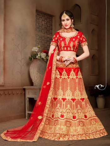 Grab This Beautiful Heavy Designer Lehenga For The Upcoming Wedding Season. This Bright And Appealing Red Colored Lehenga Choli Paired With Red Colored Dupatta Will Make You Earn Lots Of Compliments From Onlookers. Its Blouse And Lehenga Are Fabricated On Art Silk Paired With Net Fabricated Dupatta. Its Has Heavy Jari Embroidery All Over It. Buy This Designer Lehenga Choli Now.