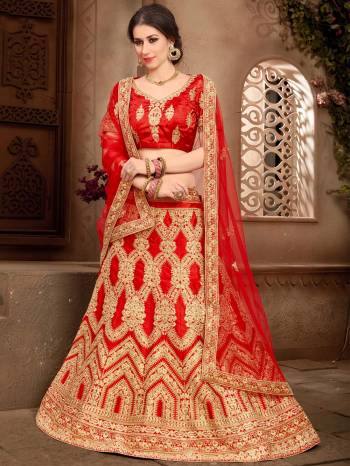 Grab This Beautiful Heavy Designer Lehenga For The Upcoming Wedding Season. This Bright And Appealing Red Colored Lehenga Choli Paired With Red Colored Dupatta Will Make You Earn Lots Of Compliments From Onlookers. Its Blouse And Lehenga Are Fabricated On Art Silk Paired With Net Fabricated Dupatta. Its Has Heavy Jari Embroidery All Over It. Buy This Designer Lehenga Choli Now.