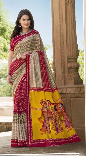 Here Is A Pretty Simple Saree In Beige And Dark Pink Color Paired With Dark Pink Colored Blouse. This Saree And Blouse Are Fabricated On Tussar Art Silk Beautified With Prints All Over It. It Is Soft Towards Skin And Easy To Carry All Day Long.