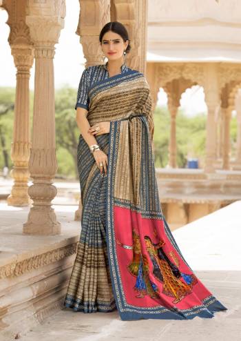 Simple And Elegant Looking Saree Is Here In Blue And Beige Color Paired With Blue Colored Blouse. This Saree And Blouse Are Fabricated On Tussar Art Silk Beautified With Prints All Over. Buy This Pretty Simple Saree Now.