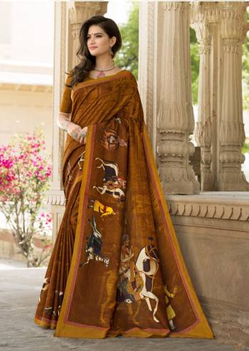 Celebrate This Festive Season Wearing This Saree In Brown Color Paired With Occur Yellow Colored Blouse. This Saree And Blouse Are Fabricated On Tussar Art Silk Beautified With Prints All Over It. Buy This Saree Now.