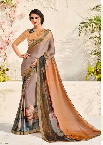 New And Unique Shades Are Here With This Saree In Peach And Mauve Color Paired With Peach Colored Blouse. This Saree Is Fabricated On Chiffon Crepe Paired With Art Silk Fabricated Blouse. It Has Unique Prints Over The Saree Which Is Light Weight And Easy To Carry All Day Long.