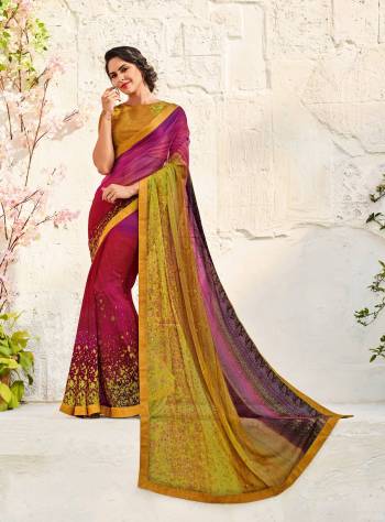 Bright And Visually Appealing Color Is Here With This Saree In Magenta Pink Color Paired With Contrasting Musturd Yellow Colored Blouse. This Saree Is Fabricated On Chiffon Crepe Paired With Art Silk Fabricated Blouse. It Is Light Weight And Easy To Carry All Day Long.