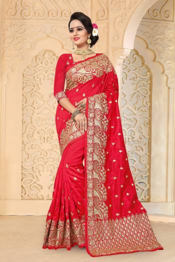 Adorn The Angelic Look Wearing This Saree In Red Paired With Red Colored Blouse. This Saree And Blouse Are Fabircated On Art Silk Beautified With Jari Embroidery And Stone Work. Buy This Pretty And Attractive Saree Now.