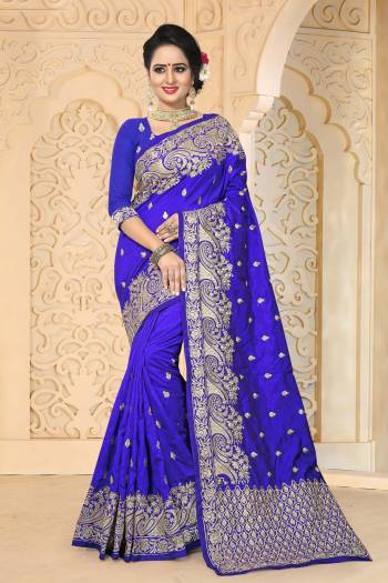 Attract All Wearing This Saree In Royal Blue Color Paired With Royal Blue Colored Blouse. This Saree And Blouse Are Fabricated On Art Silk Beautified With Jari Embroidery And Stone Work. Its Attractive Color And Fabric Will Give A Nice Look To Your Personality.