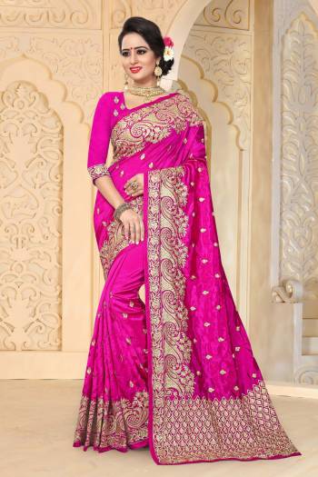 Bright And Visually Appealing Color Is Here With This Saree In Magenta Pink Color Paired With Magenta Pink Colored Blouse. This Saree And Blouse Are Fabricated On Art Silk Beautified With Jari Embroidery And Stone Work. Buy This Saree Now.