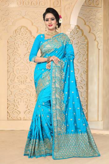 Look Pretty This Lovely Shade OF Blue With This Saree In Turquoise Blue Color Paired With Turquoise Blue Colored Blouse. This Saree And Blouse Are Fabricated On Art Silk Beautified With Jari Embroidery And Stone Work. It Is Light Weight And Easy To Carry All Day Long.