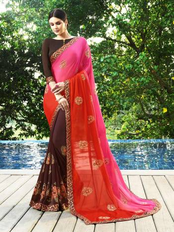 Grab This Beautiful Saree InPink, Orange And Brown Color Paired With Brown Colored Blouse. This Saree Is Fabricated On Georgette Paired With Art Silk Fabricated Blouse Beautified With Embroidery. It Is Light Weight And Easy To Drape. Buy Now.