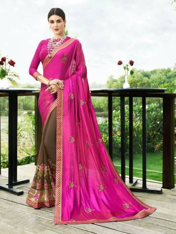 Bright And Visually Appealing Color Is Here With This Saree In Hot Pink And Brown Color Paired With Hot Pink Colored Blouse. This Saree Is Fabricated On Satin Silk And Georgette Paired With Art Silk Fabricated Blouse. It Has Contrasting Embroidery Over The Saree. Buy Now.