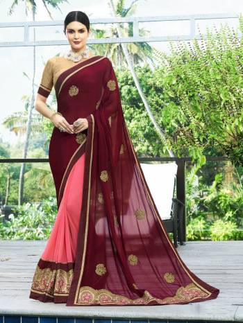 Grab This Pretty Designer Saree In Maroon And Pink Color Paired With Beige Colored Blouse. This Saree Is Fabricated On Georgette Paired With Gota Fabricated Blouse. Its Pretty Colors And Attractive Embroidery Is Making The Saree More Beautiful. Buy Now.